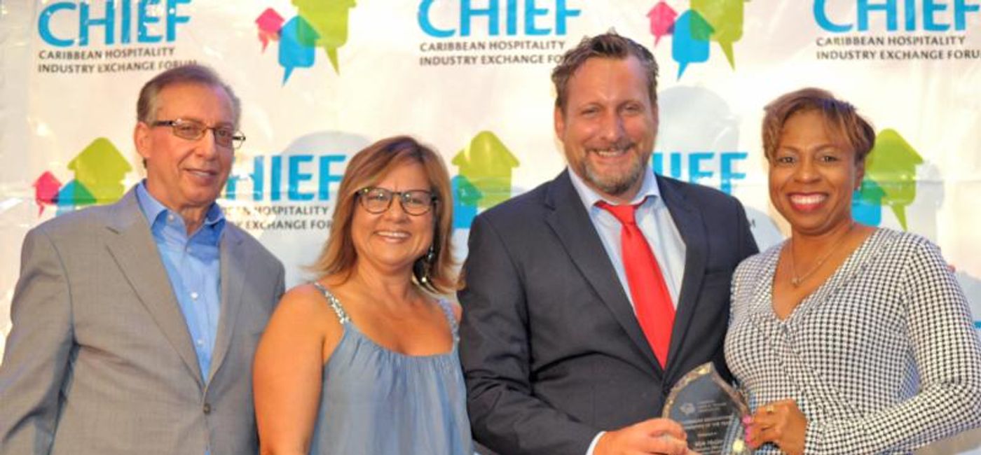 Image: PHOTO: Wyb Meijer (second from right) is the 2019 Caribbean Association Executive of the Year. From left is Frank Comito, CHTA's Director General and CEO; Patricia Affonso-Dass, CHTA's President; and Stacy Cox, President of the Caribbean Society of Hotel Association Executives (CSHAE). (CHTA)