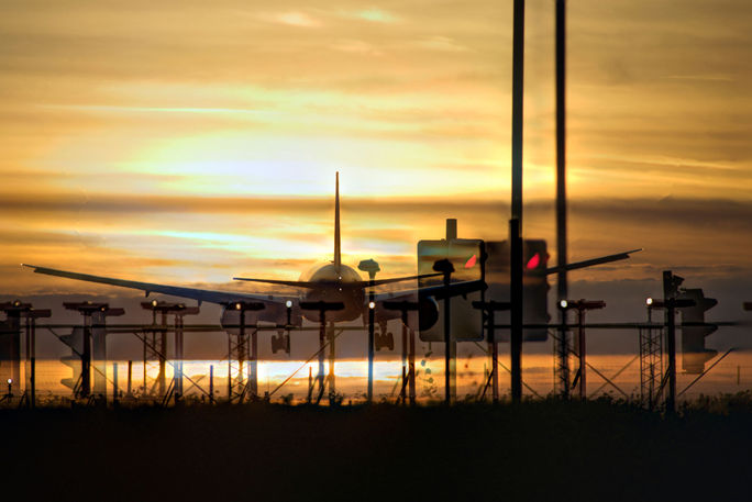 airport, airfield, airplane, jet, sunset, landing, runway, London, Heathrow, UK