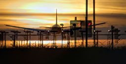 airport, airfield, airplane, jet, sunset, landing, runway, London, Heathrow, UK