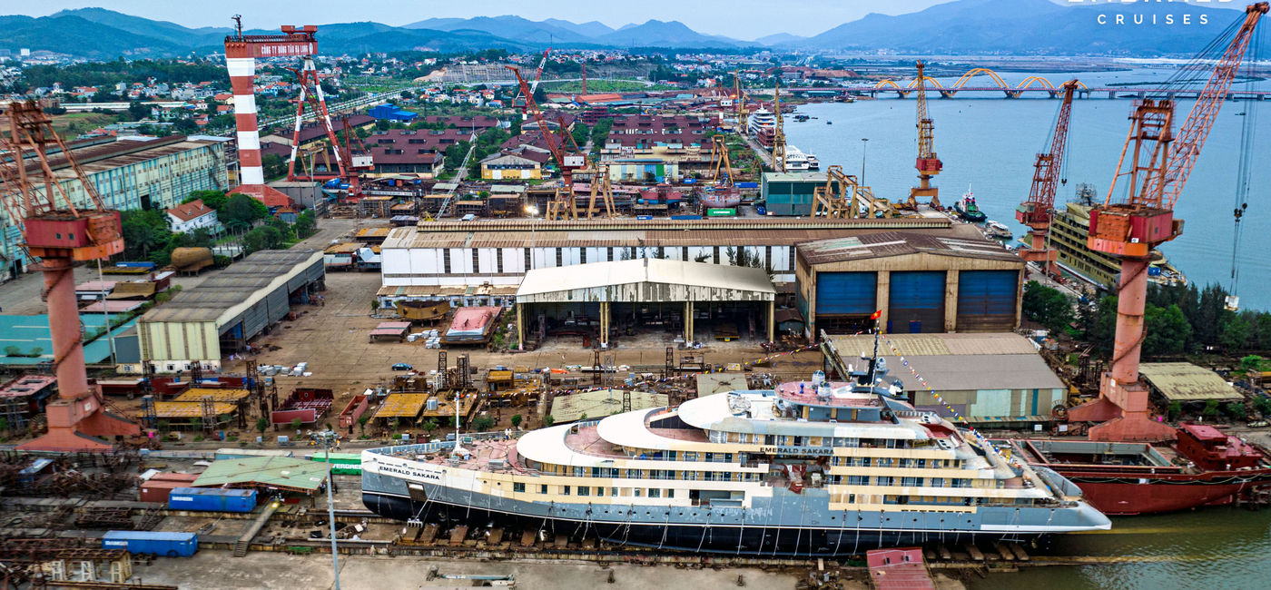 Image: The Emerald Sakara floats in water for the first time as the ship nears completion.  (Photo Credit: Emerald Cruises)