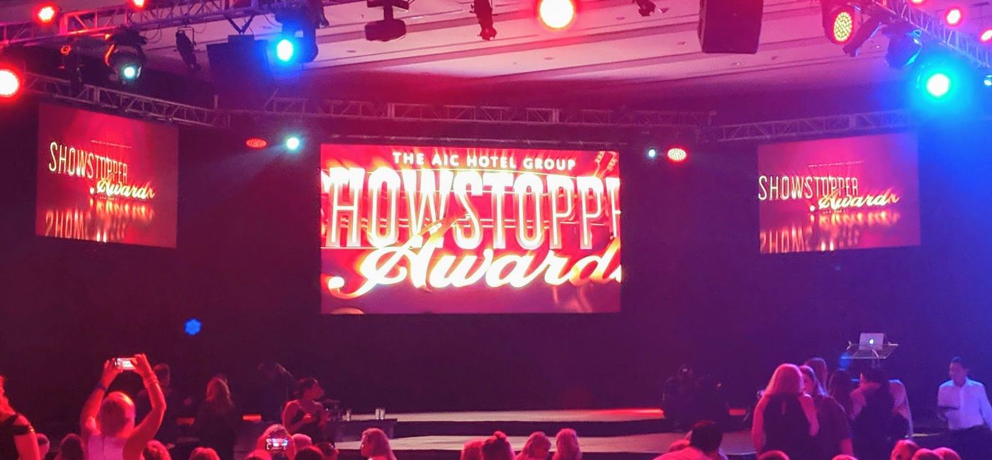 Image: The stage before the 2019 AIC Hotel Group Showstopper Awards at Hard Rock Hotel Los Cabos (photo by Eric Bowman)