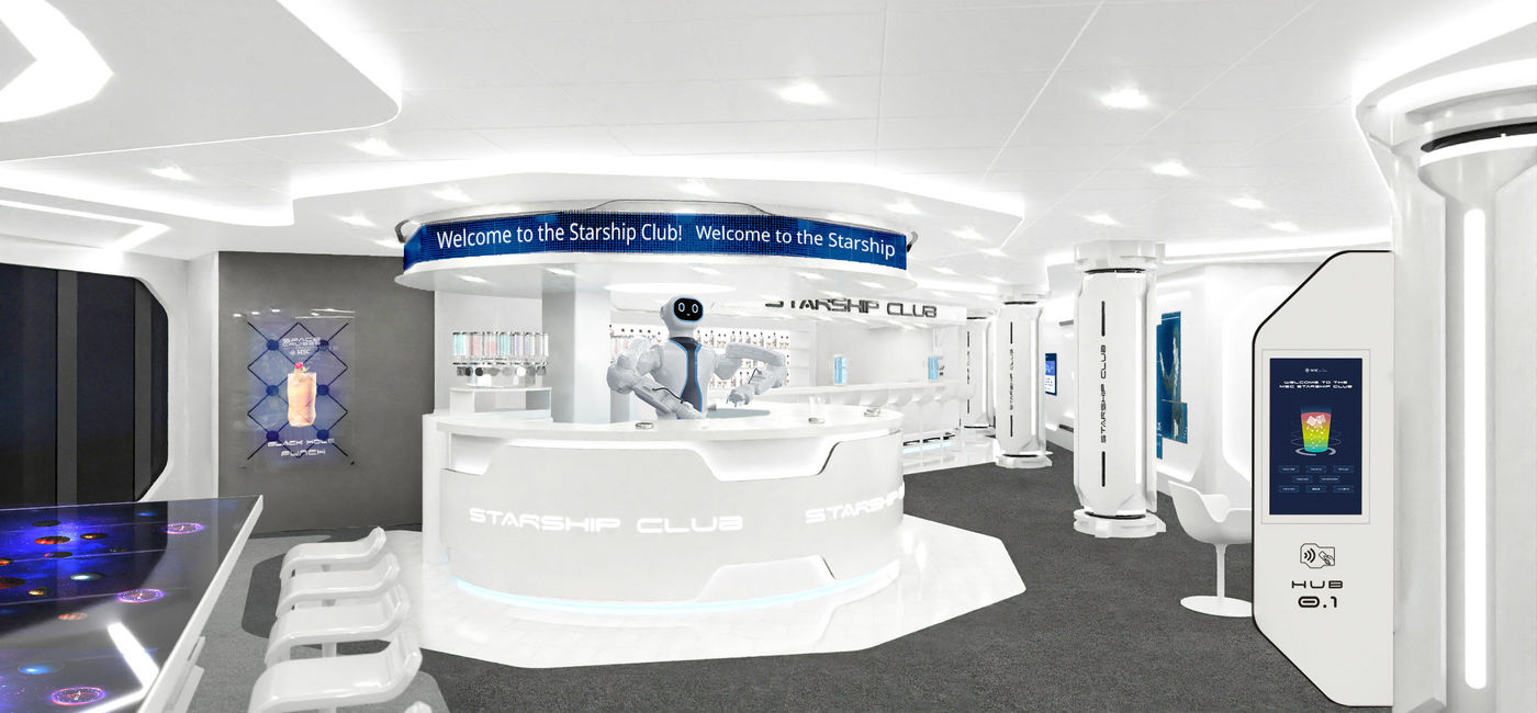 Image: MSC Starship Club featuring Rob, the first-ever humanoid, robotic bartender at sea. (photo via MSC Cruises Media)