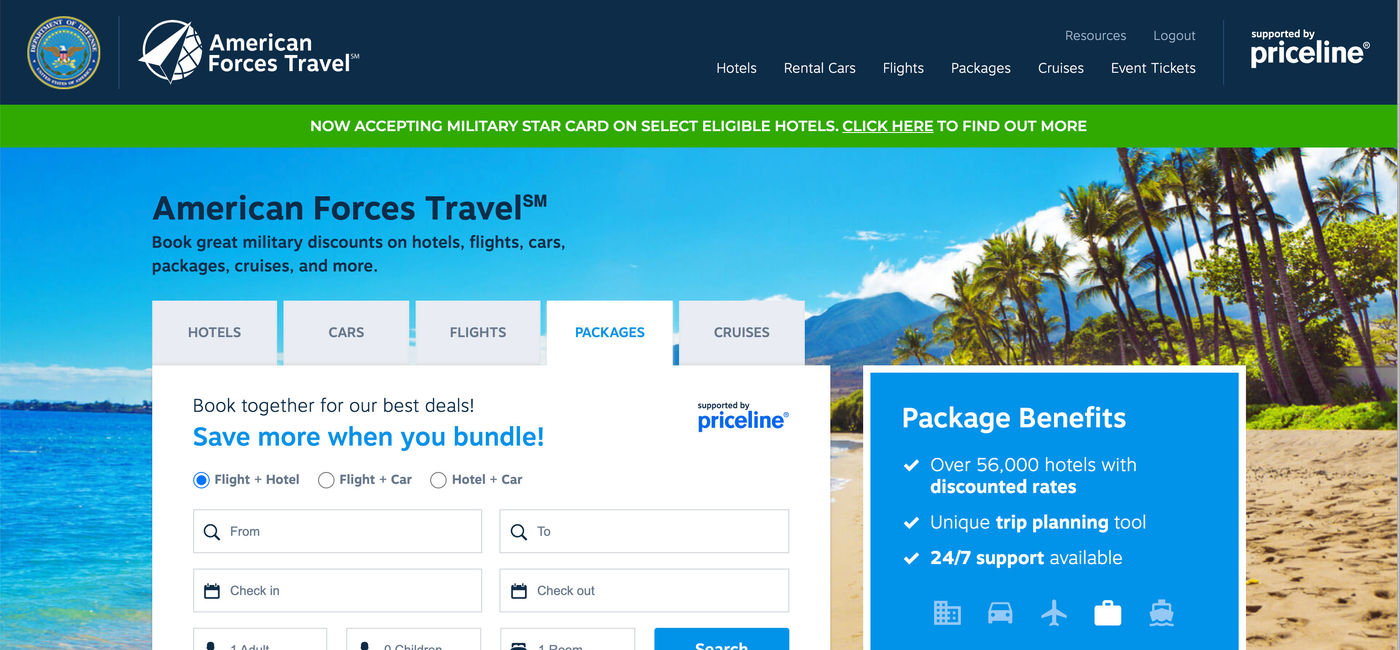 Image: American Forces Travel's homepage (photo via Priceline) ((photo via Priceline))