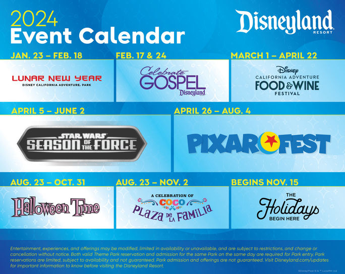 Disneyland Resort's 2024 Event Calendar graphic. Disneyland Resort, 2024, graphic, Anaheim, California, theme parks, special events, celebrations, festivities, limited-time