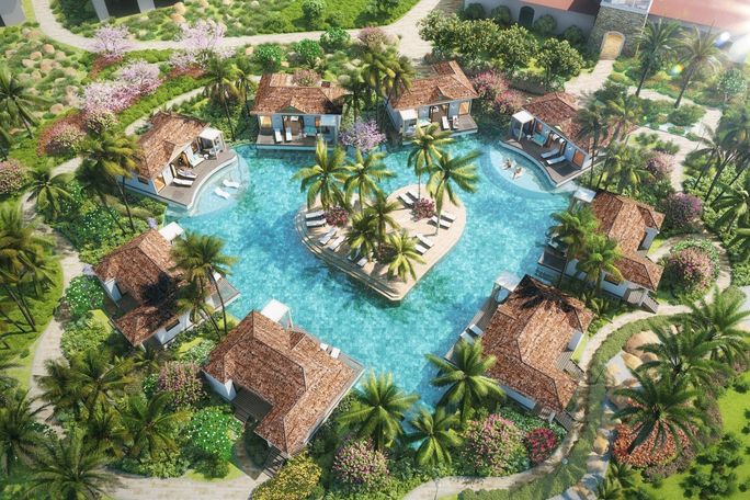 Kurason Island Poolside Butler Suites Aerial Rendering at the Sandals Royal Curacao Resort. Kurason Island Poolside Butler Suites, Sandals Royal Curacao