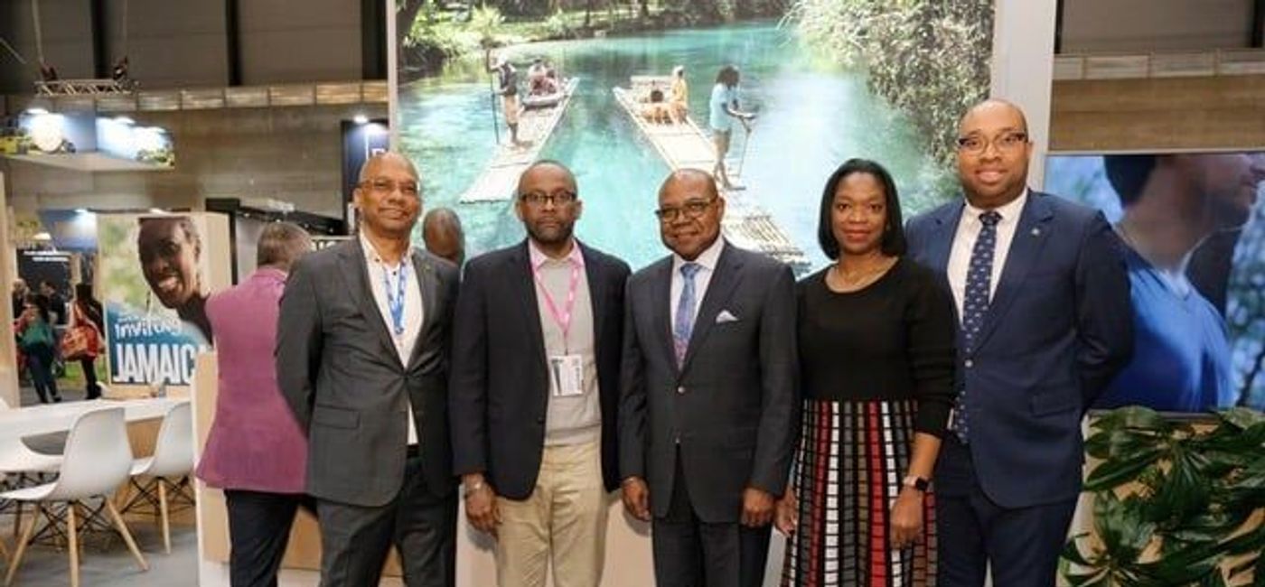 Image: Jamaica's Minister of Tourism Edmund Bartlett (centre) is joined by members of his tourism team at FITUR. (L to R): Gregory Shervington, Regional Director, Continental Europe, JTB; Donovan White, Director of Tourism; Chevannes Barragan De Luyz, Business Development Officer, JTB; and Delano Seiveright, Senior Communications Strategist. (Jamaica Tourist Board)