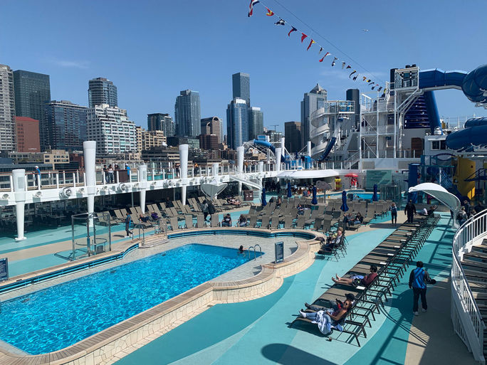 Seattle skyline from Norwegian Bliss. View from Norwegian Bliss of Seattle skyline.