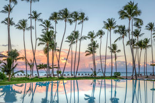Caribbean Sea views over the main pool at Club Med Michés Playa Esmeralda, Dominican Republic.