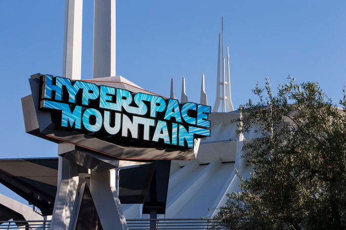 Space Mountain transforms into Hyperspace Mountain for Star Wars Month at Disneyland. Disneyland, California, Space Mountain, Hyperspace Mountain, Tomorrowland, Star Wars Month, May the 4th, Disney100