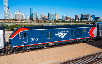 Amtrak's new ALC-42 low-emissions diesel-electric train on display at a Chicago exhibition.