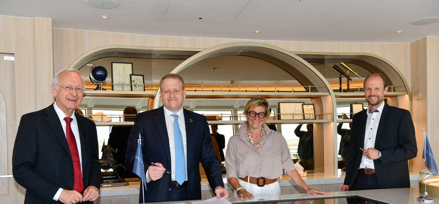 Image: At the Silver Nova delivery were, from left, Bernard Meyer of Meyer Werft, Royal Caribbean Group CEO Jason Liberty, Silversea President Barbara Muckermann, and Jan Meyer of Meyer Werft.  (Photo Credit: Silversea Cruises)