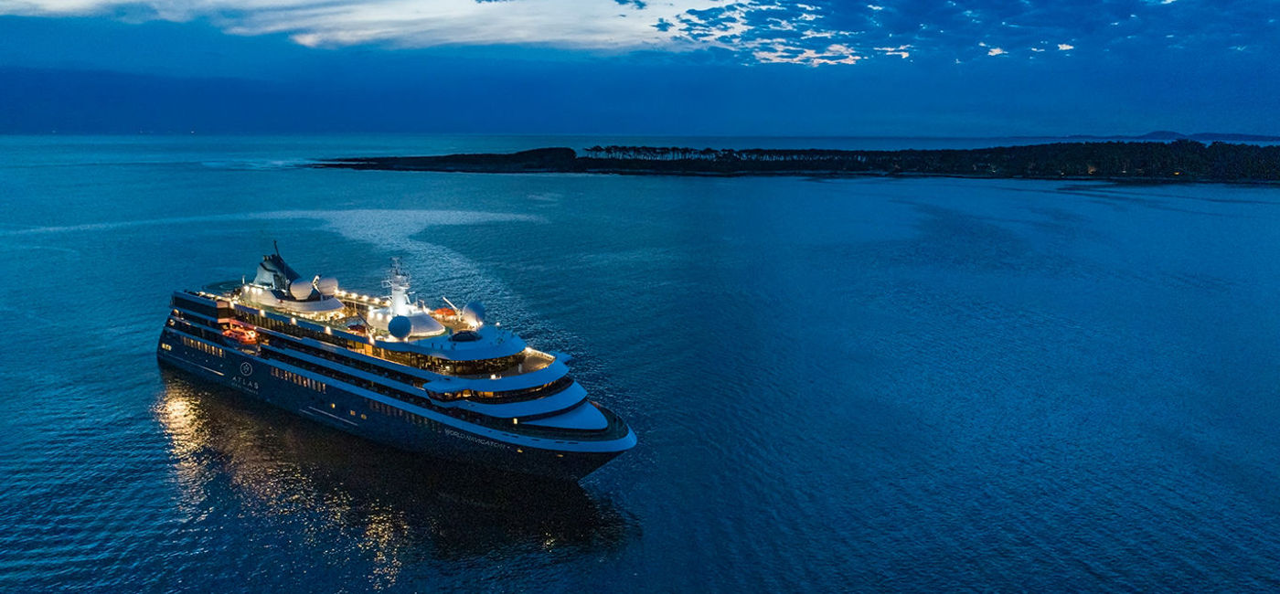 Image: Atlas Ocean Voyages ship at night. (Courtesy of Atlas Ocean Voyages)