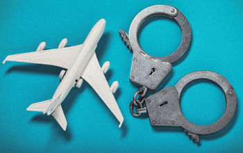 Airplane and handcuffs on the table.