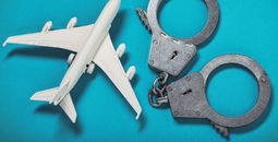 Airplane and handcuffs on the table.