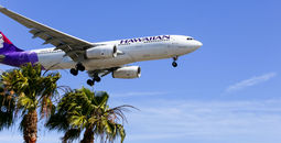 Hawaiian Airlines plane landing at Los Angeles International Airport