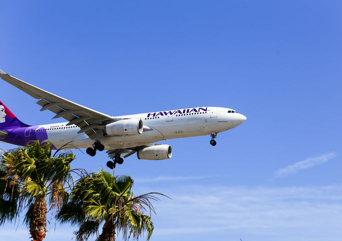 Hawaiian Airlines plane landing at Los Angeles International Airport