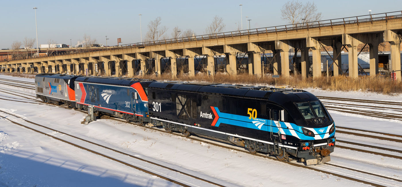 Image: The new Amtrak ALC-42 locomotives in Chicago. (photo via Amtrak) ((photo via Amtrak))
