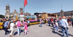 CDMX Zocalo Plaza with festive Dia de Muertos decorations.