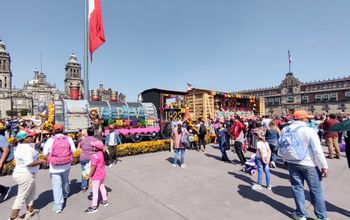 CDMX Zocalo Plaza with festive Dia de Muertos decorations.