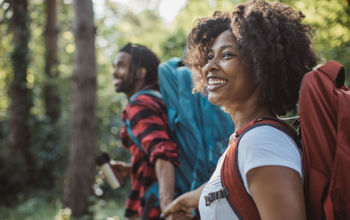 couple, black travelers, hike, forest