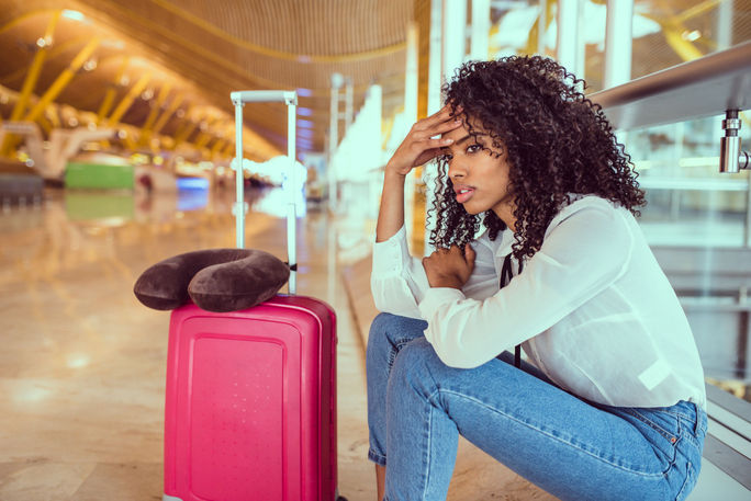 Traveler, passenger, anxious, stressed, frustrated, airport, station