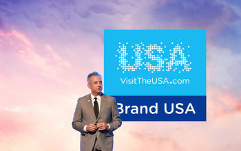 Chris Thompson, president and CEO of Brand USA, speaking at IPW 2023 press conference in San Antonio, Texas.