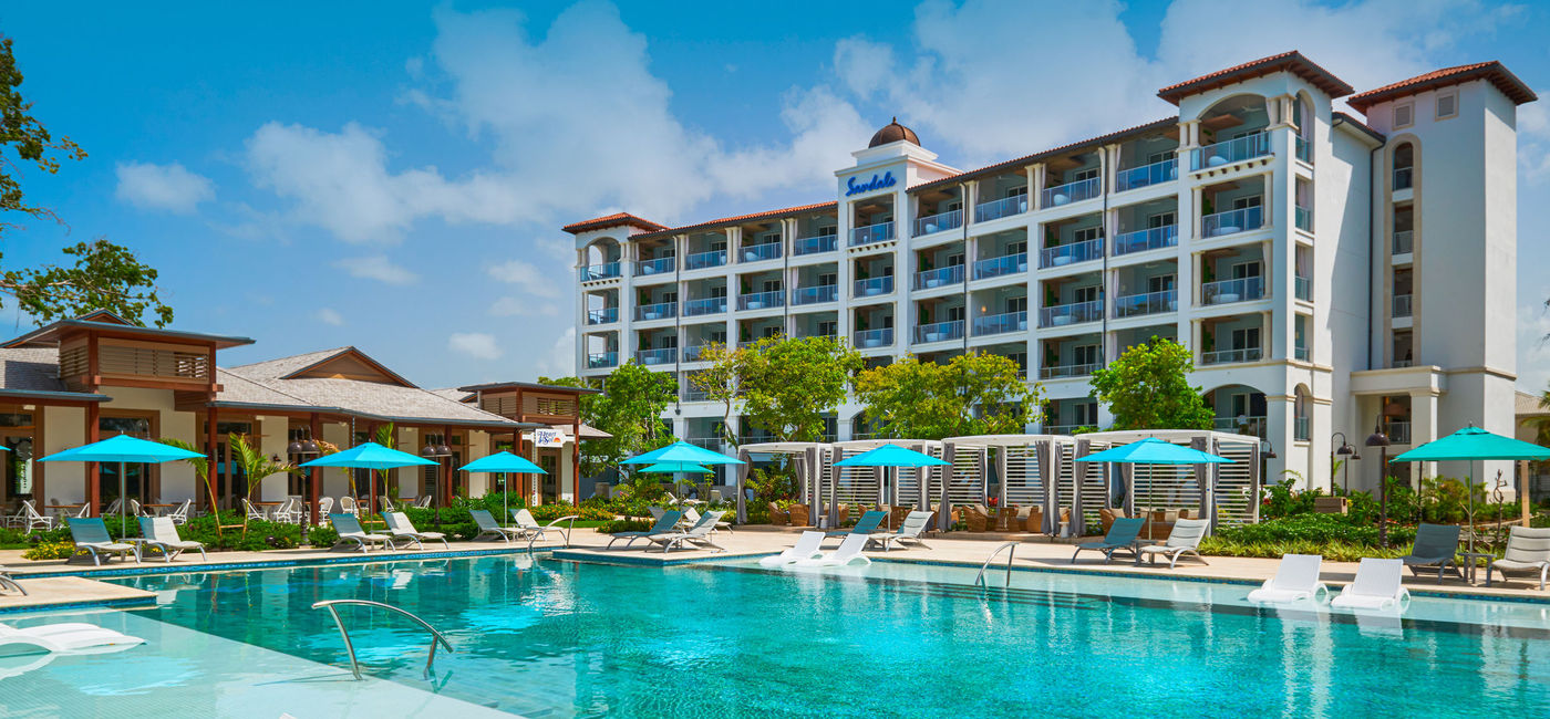 Image: South Seas Village pool area at Sandals Royal Barbados. (photo courtesy of Sandals Resorts)