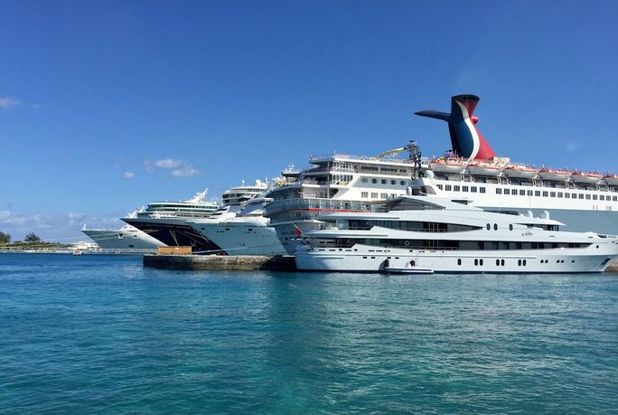 A line of docked cruise ships