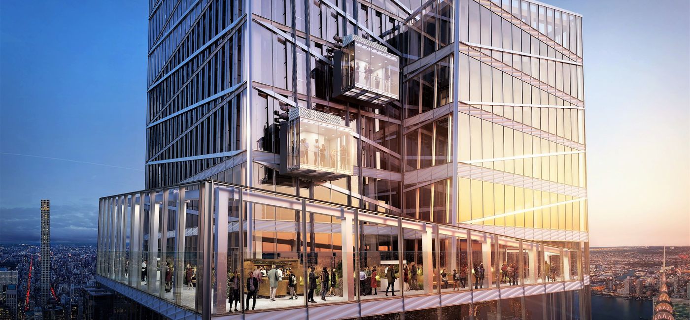 Image: An artist's rendering of the new glass elevator and glass skybox being built in New York City. (SL Green Realty Corp.)