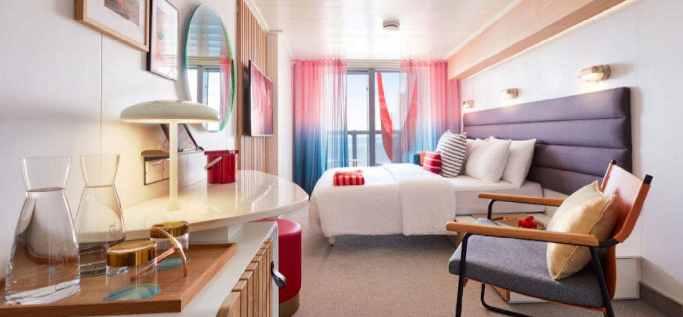 Image: Stateroom interior aboard Virgin Voyages' ship, the Valiant Lady. (photo via Virgin Voyages)