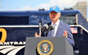 President Joe Biden speaks at a ceremony marking Amtrak's 50th anniversary.