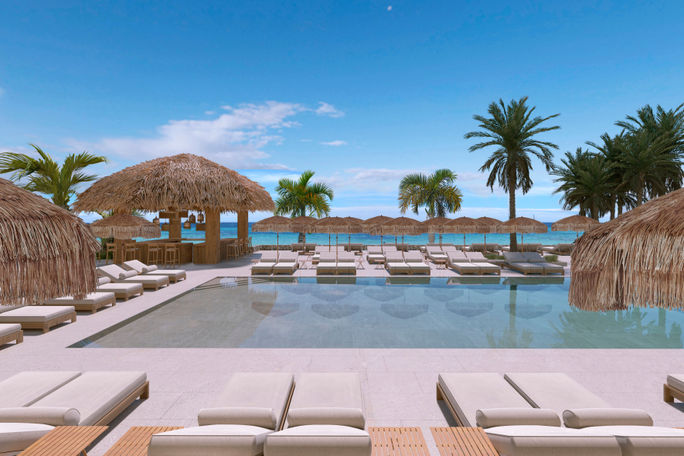 Rendering of ZEL Mallorca's Beach Club Pool. Meliá Hotels International, ZEL, Mallorca, the Balearic Islands, Spain, guest room, the Mediterranean, swimming pools, beach clubs