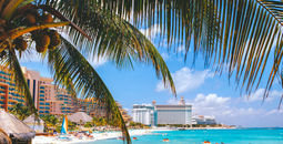 Cancun beach with hotels.