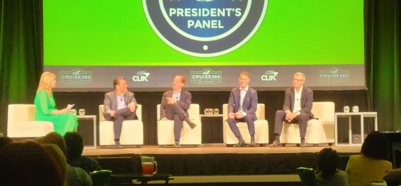 Image: From left to right: Michelle Fee, Ruben Rodriguez, Harry Sommer, John Padgett and Michael Bayley during the Presidents' Panel at the 2022 Cruise360. (photo by Lacey Pfalz) ((photo via Lacey Pfalz))