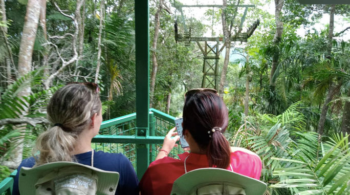 At Gamboa Rainforest, visitors ride the jungle by cable car