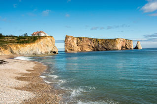 Perce' Rock taken from the wharf in the town, Perce', Quebec, Gaspe Peninsula