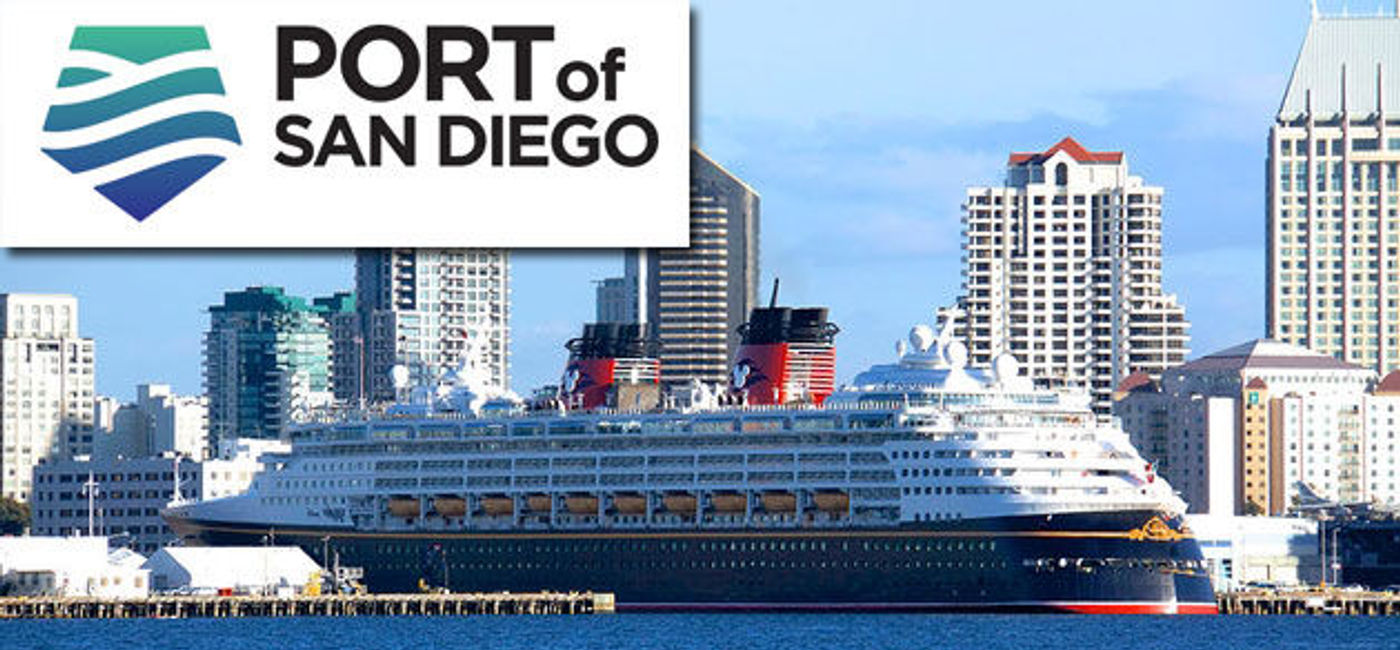 Image: PHOTO: Disney Cruise Line's Disney Wonder in the Port of San Diego. (photo by Jason Leppert, logo courtesy of Port of San Diego)