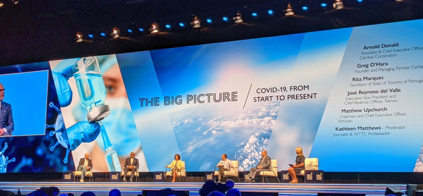 Image: Panelists discuss COVID-19's impact on the travel industry at last year's WTTC Global Summit. (photo by Eric Bowman)