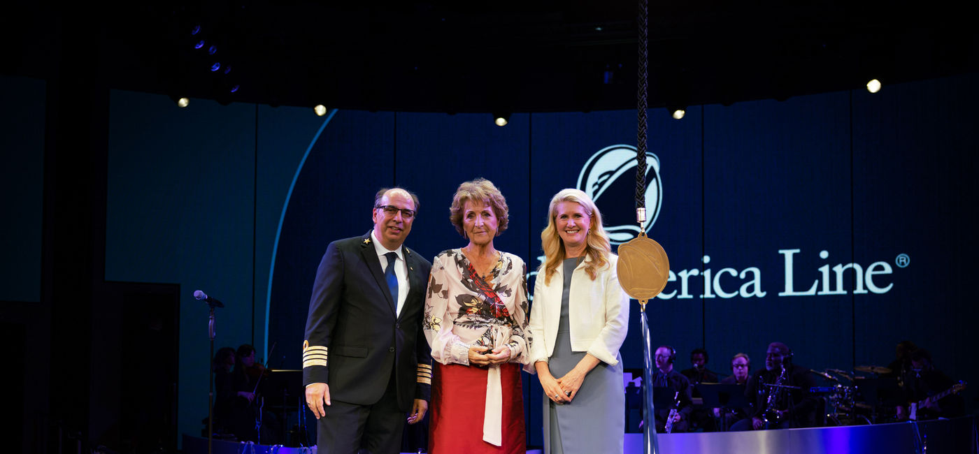Image: At the Rotterdam naming ceremony were, from left, Capt. Werner Timmers, Princess Margriet of the  Netherlands, and Jan Swartz, president of Holland America Group.jpg (Holland America Line)
