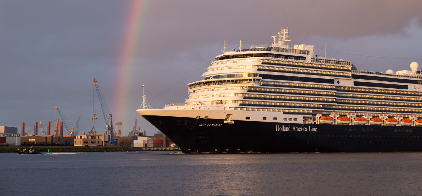Image: A rainbow appeared over the Rotterdam on the morning before it was named in Rotterdam, the Netherlands. (Photo courtesy of Holland America Line)