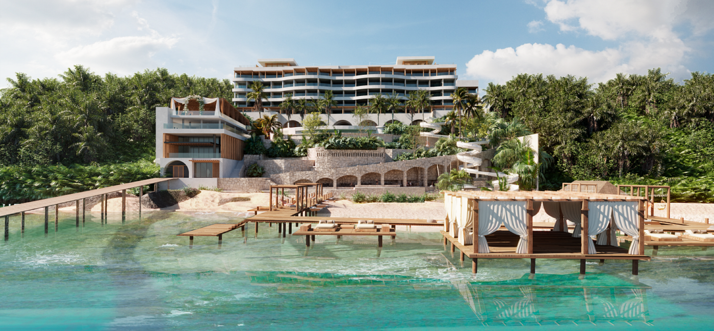 Image: The new Secrets Impression Isla Mujeres (photo courtesy Inclusive Collection) (Rendering of the new Secrets Impression Isla Mujeres resort as seen from the ocean.)