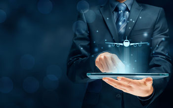 Travel technology, man with airplane and laptop