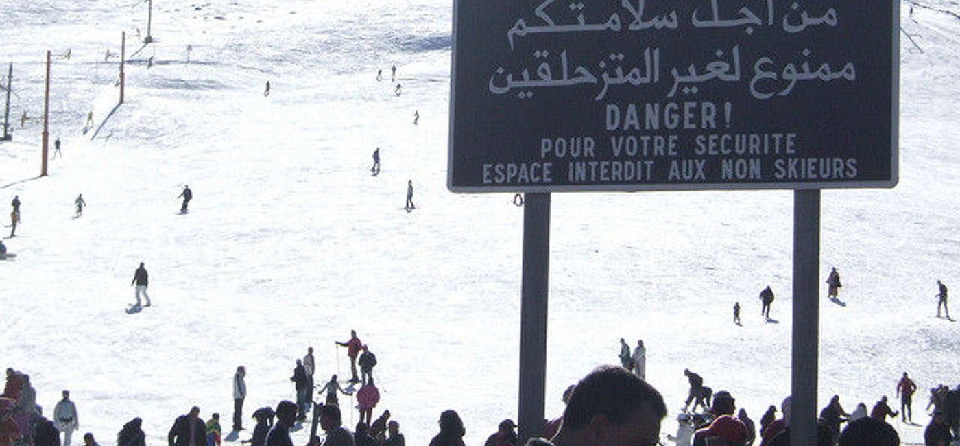 Image: PHOTO: 'Skiers only' warning sign at Oukaimeden ski resort, Morocco. (photo via Flickr/Simon White)