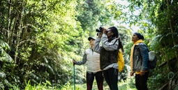 Travelers using binoculars in a forest 