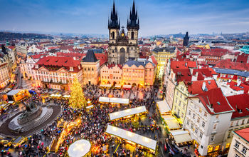 Prague, Czech Republic. Christmas Market in Stare Mesto old square, Tyn Church, Bohemia.