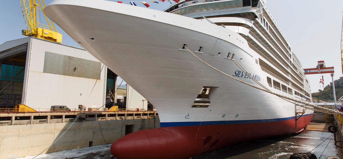 Image: The Silver Moon meets the water for the first time. (Courtesy of Silversea Cruises)