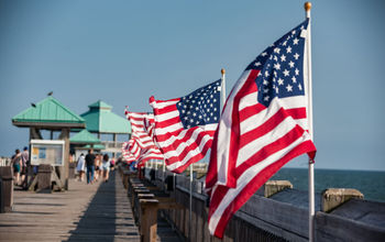American flags, pier, beach, Charleston, South Carolina, patriotic, Memorial Day