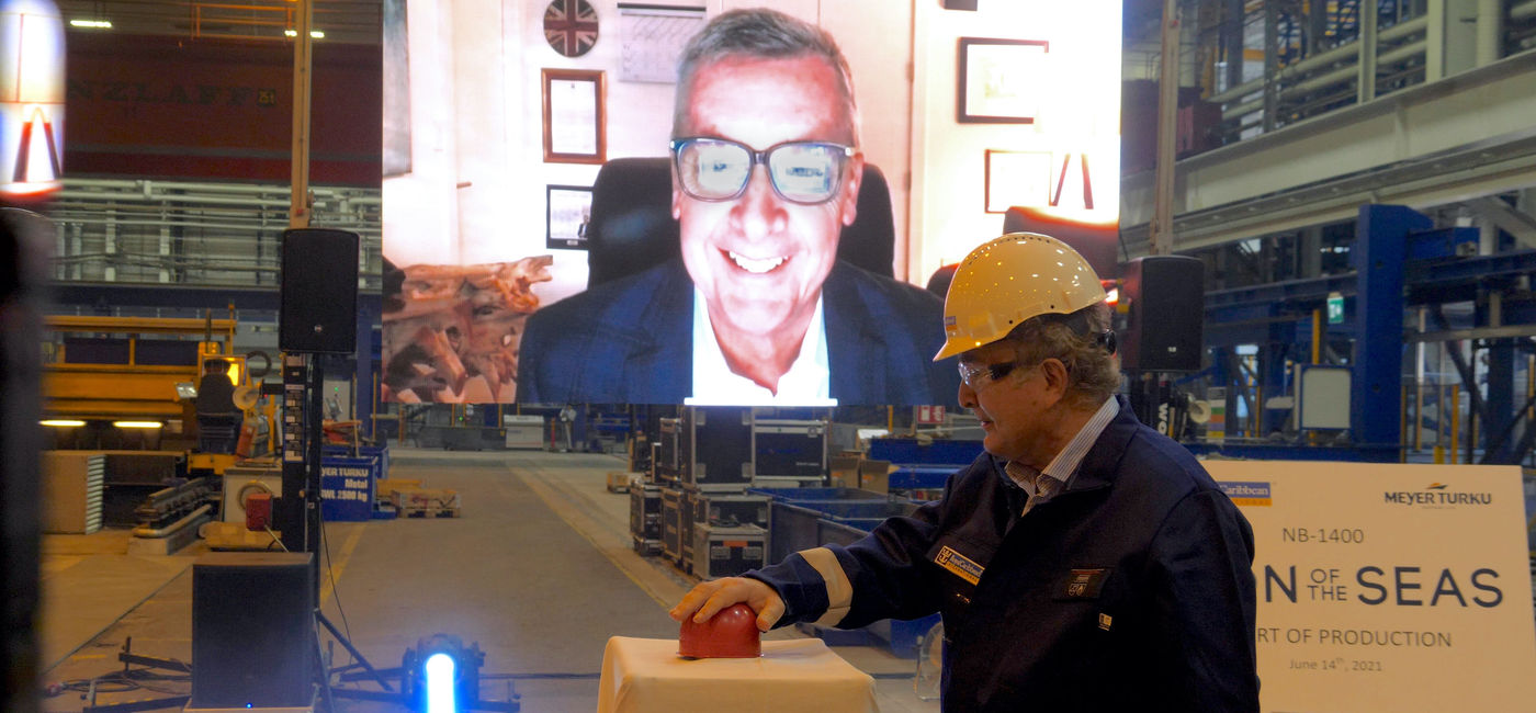 Image: With a push of the button, steel-cutting begins for Icon of the Seas as Royal Caribbean International President Michael Bayley watches virtually. (Photo via Royal Caribbean International)