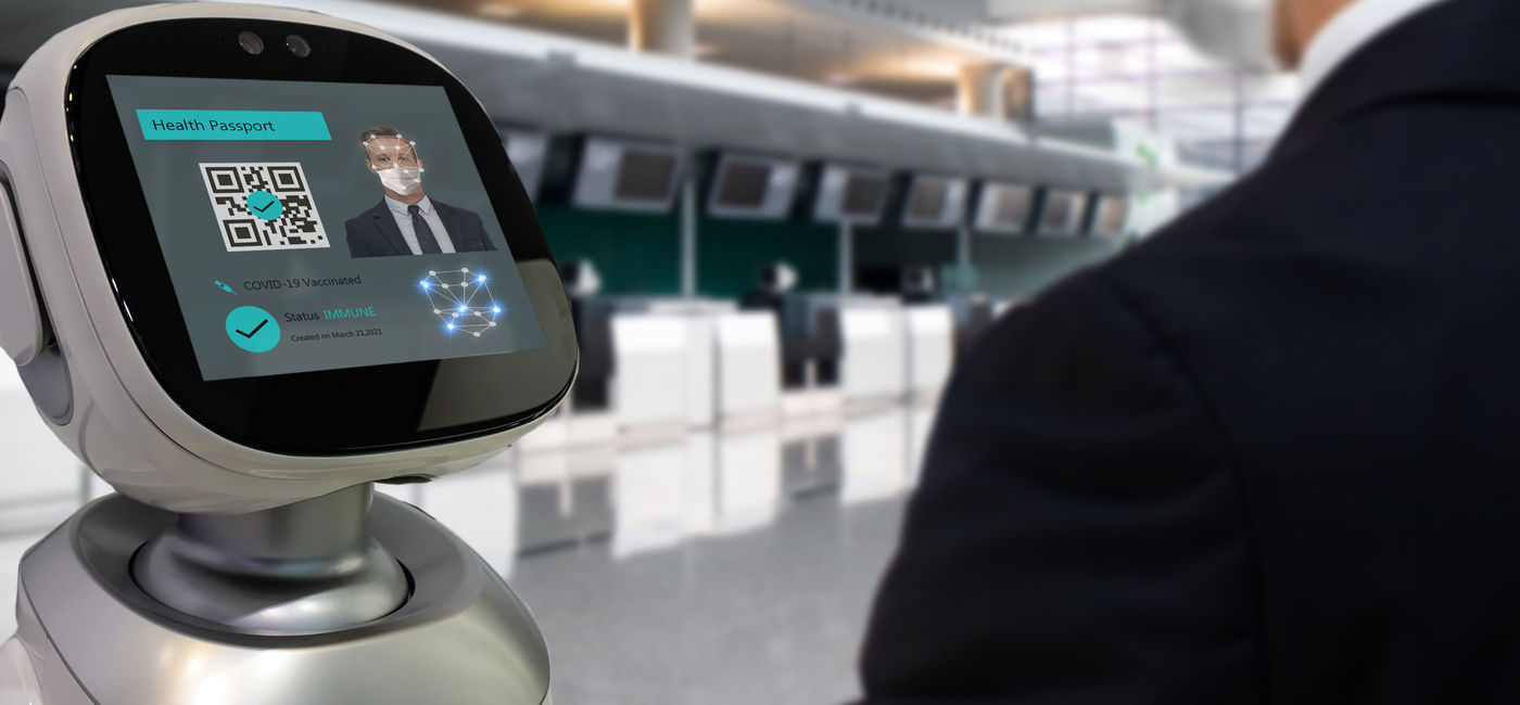Image: Concept rendering of a facial recognition console check-in at an airport. (photo via iStock/Getty Images Plus/Ekkasit919)