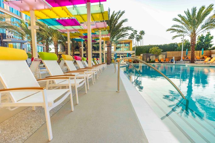The brand-new Palette Pool area at the Villas at Disneyland Hotel is a nod to an artists paint palette. The brand-new Palette Pool area at the Villas at Disneyland Hotel is a nod to an artists paint palette.